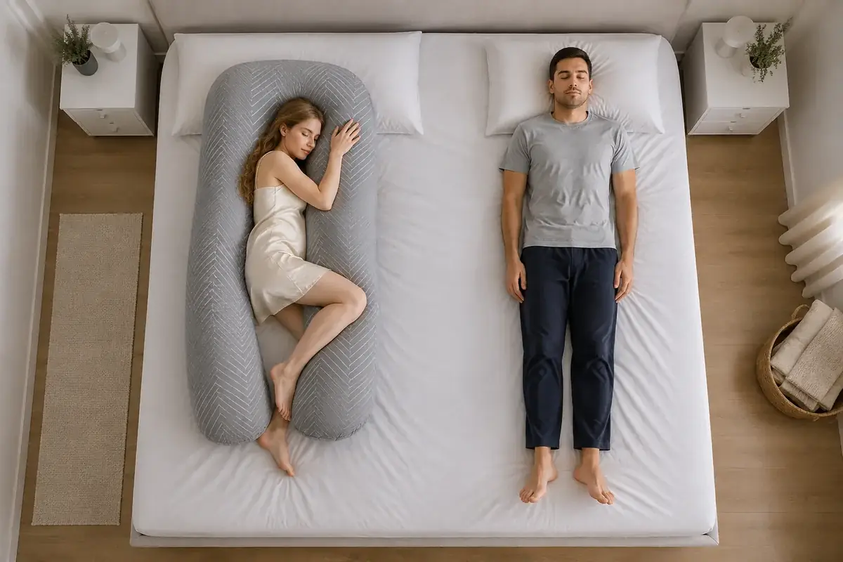 Zelfde beeld op een bed van 160 cm: de ruimte tussen het kussen en de slaper is zichtbaar comfortabeler