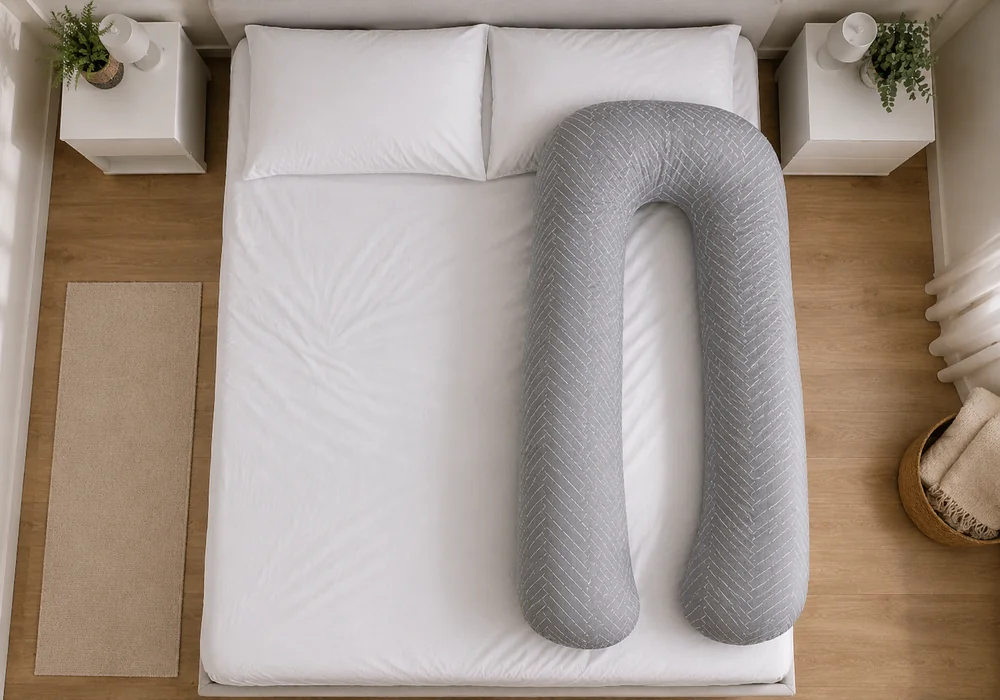Tweepersoonsbed van bovenaf, met de opening van het U-kussen naar de buitenrand van het matras gedraaid