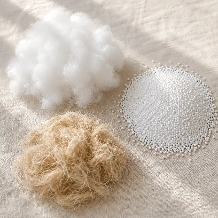 Trois tas de garnissage sur un lin blanc casse : fibres synthetiques, microbilles et fibre vegetale beige