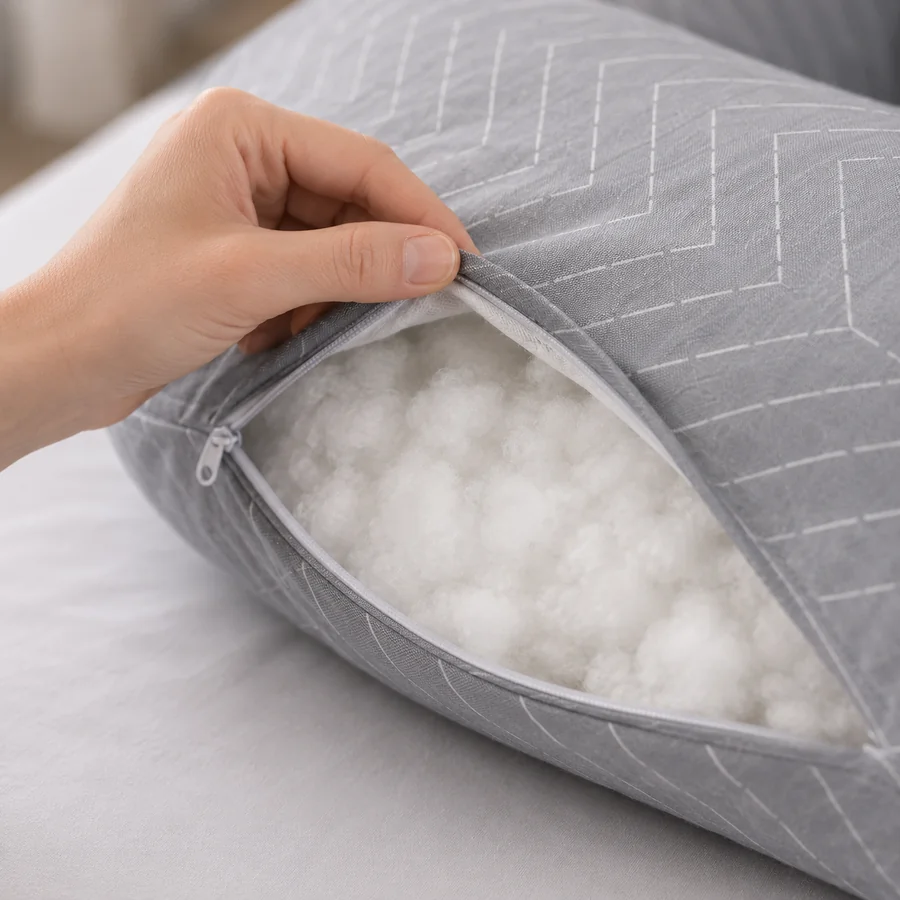 Fermeture a glissiere ouverte laissant voir le garnissage en fibres blanches gonflantes