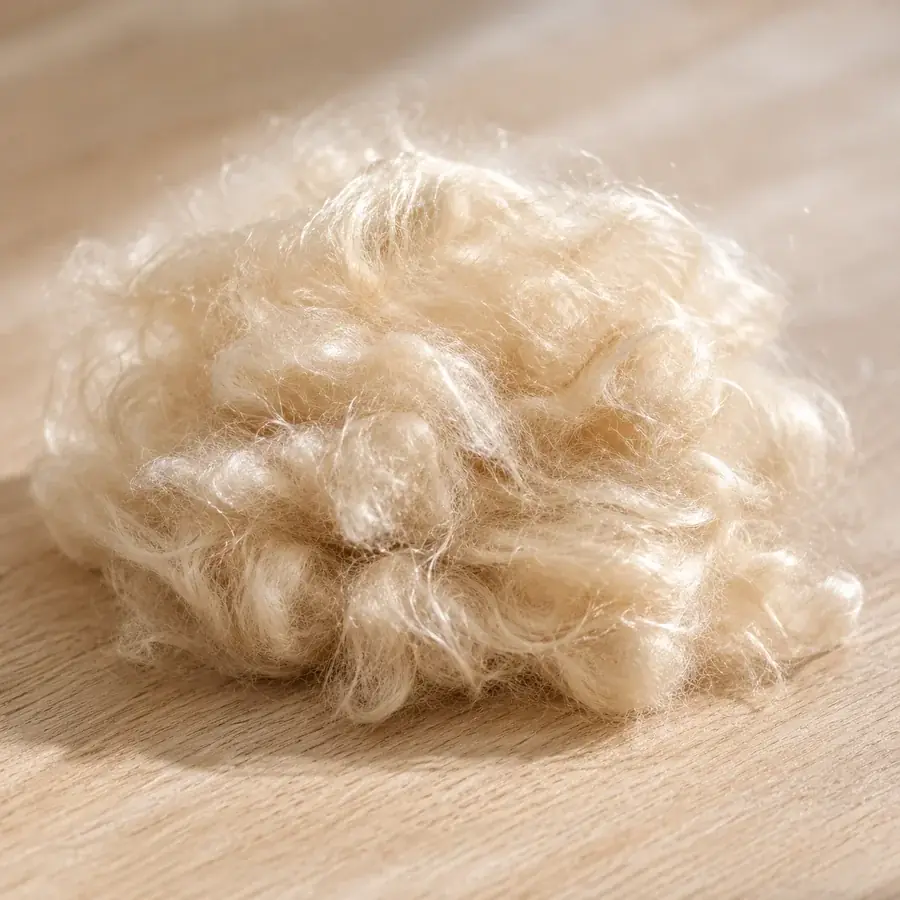 Petit tas de fibre de kapok beige clair, soyeuse, pose sur un plan de bois