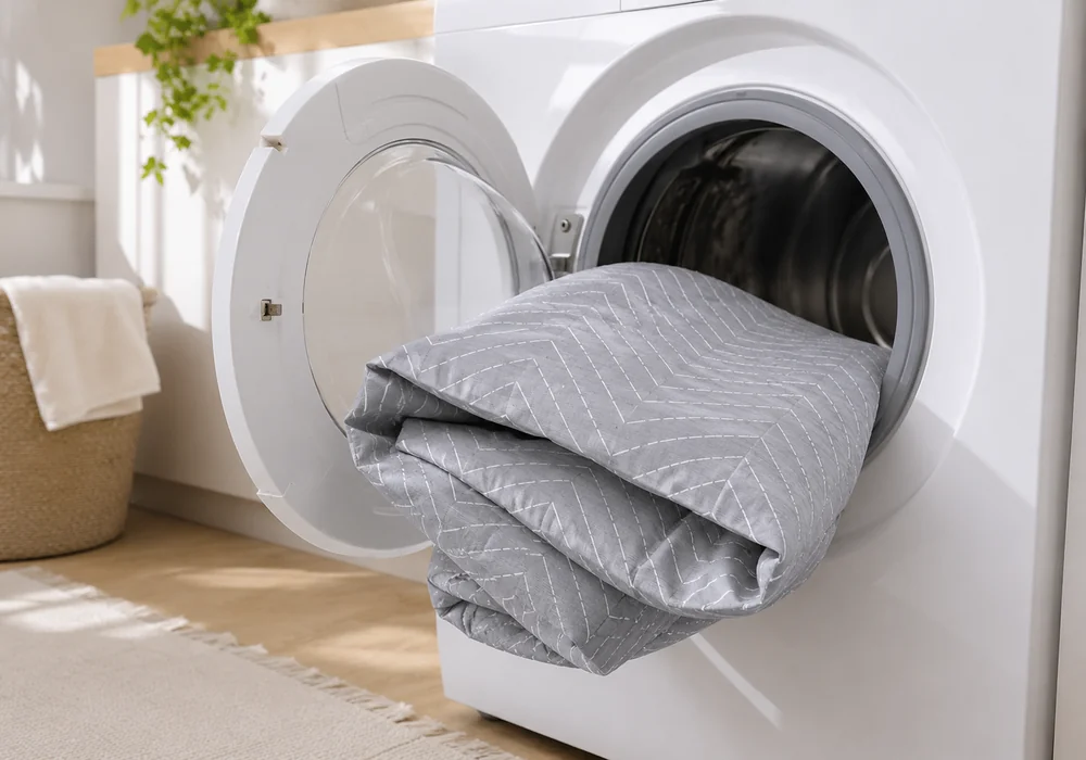 Grijze visgraathoes opgevouwen op de open deur van een wasmachine