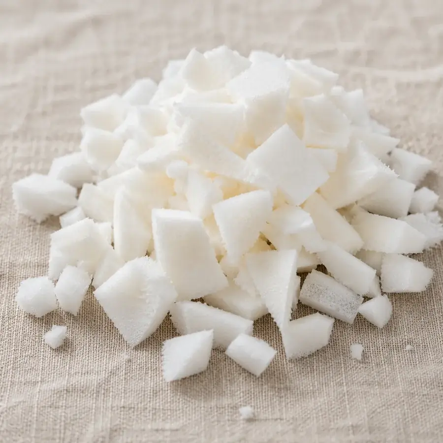 Petit tas de flocons de mousse blanche aux morceaux irreguliers sur un fond de lin