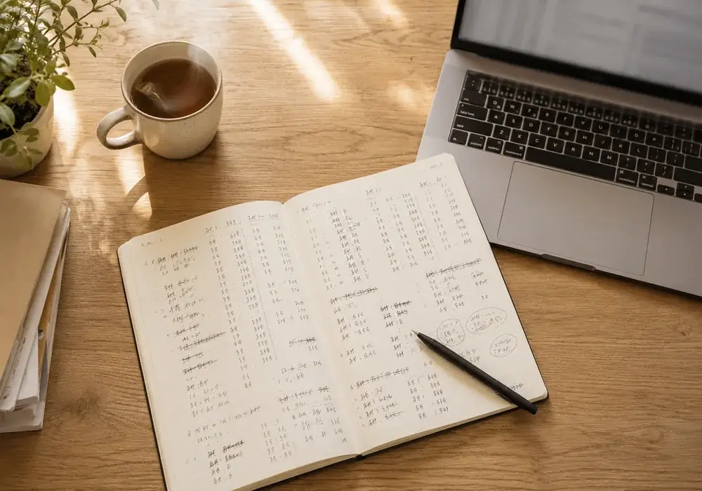 Plan de travail en bois clair vu du dessus : carnet ouvert couvert de comptages manuscrits, stylo, tasse et ordinateur portable