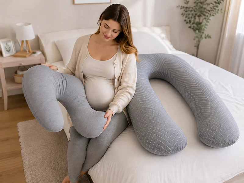Zwangere vrouw op de rand van een bed die twee kussens van verschillende vorm vergelijkt