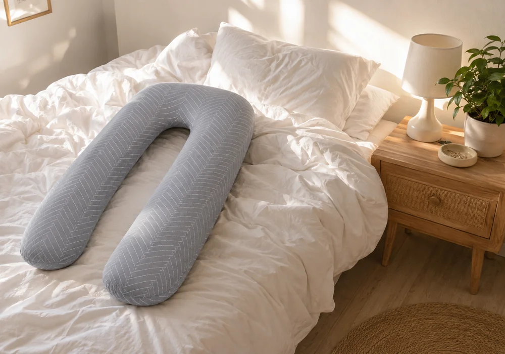 Grijs visgraat zwangerschapskussen in U-vorm op een onopgemaakt bed, in een lichte slaapkamer met een plant en een schemerlamp