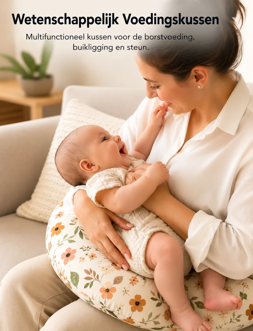 Een zittende moeder houdt haar baby op het voedingskussen met bloemmotief