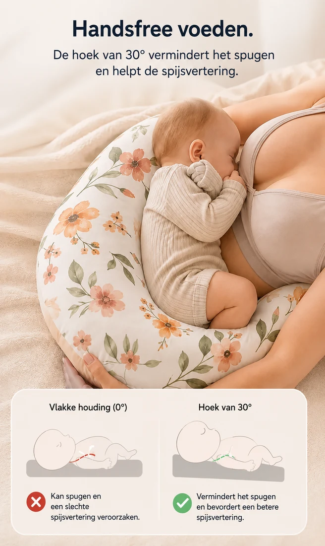 Een baby die gevoed wordt op het kussen, met een schema dat de platte en de schuine houding vergelijkt