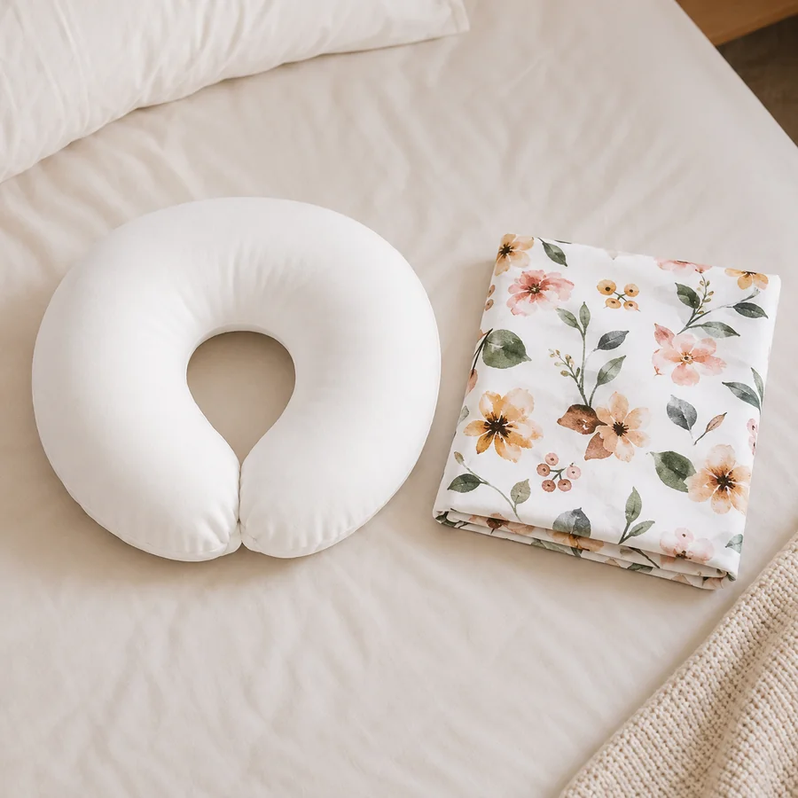 Witte hoes met bloemmotief eraf gehaald en opgevouwen naast het kale voedingskussen, op een licht bed